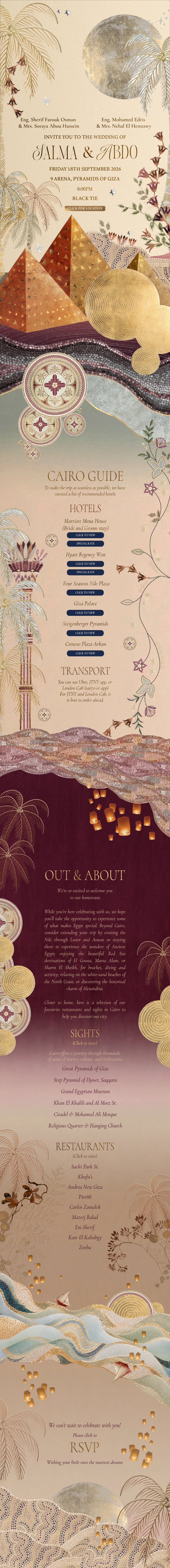 Salma & Abdo wedding invitation — Friday 18th September 2026, 9 Arena, Pyramids of Giza, Cairo, Egypt.